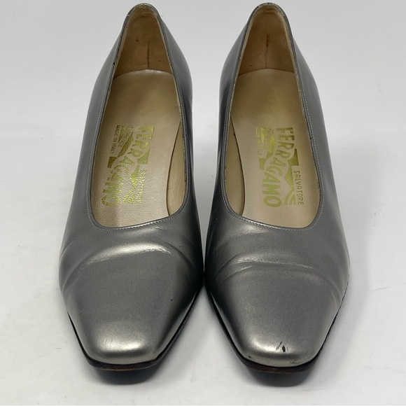 Salvatore Ferragamo Pumps Womens 6 B Metallic Silver Gray Leather Heels Vintage - Picture 5 of 16